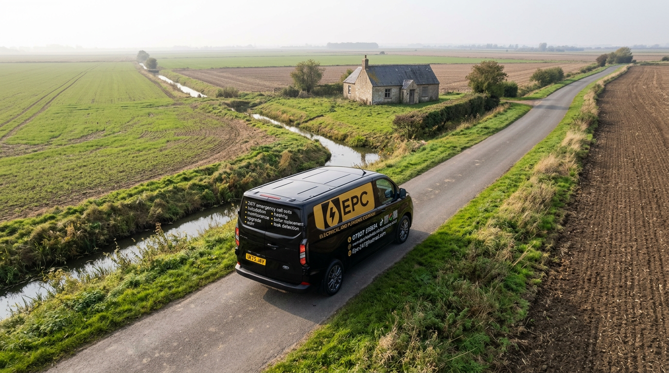 Aerial drone view of the EPC Electrical Services van on a UK country road